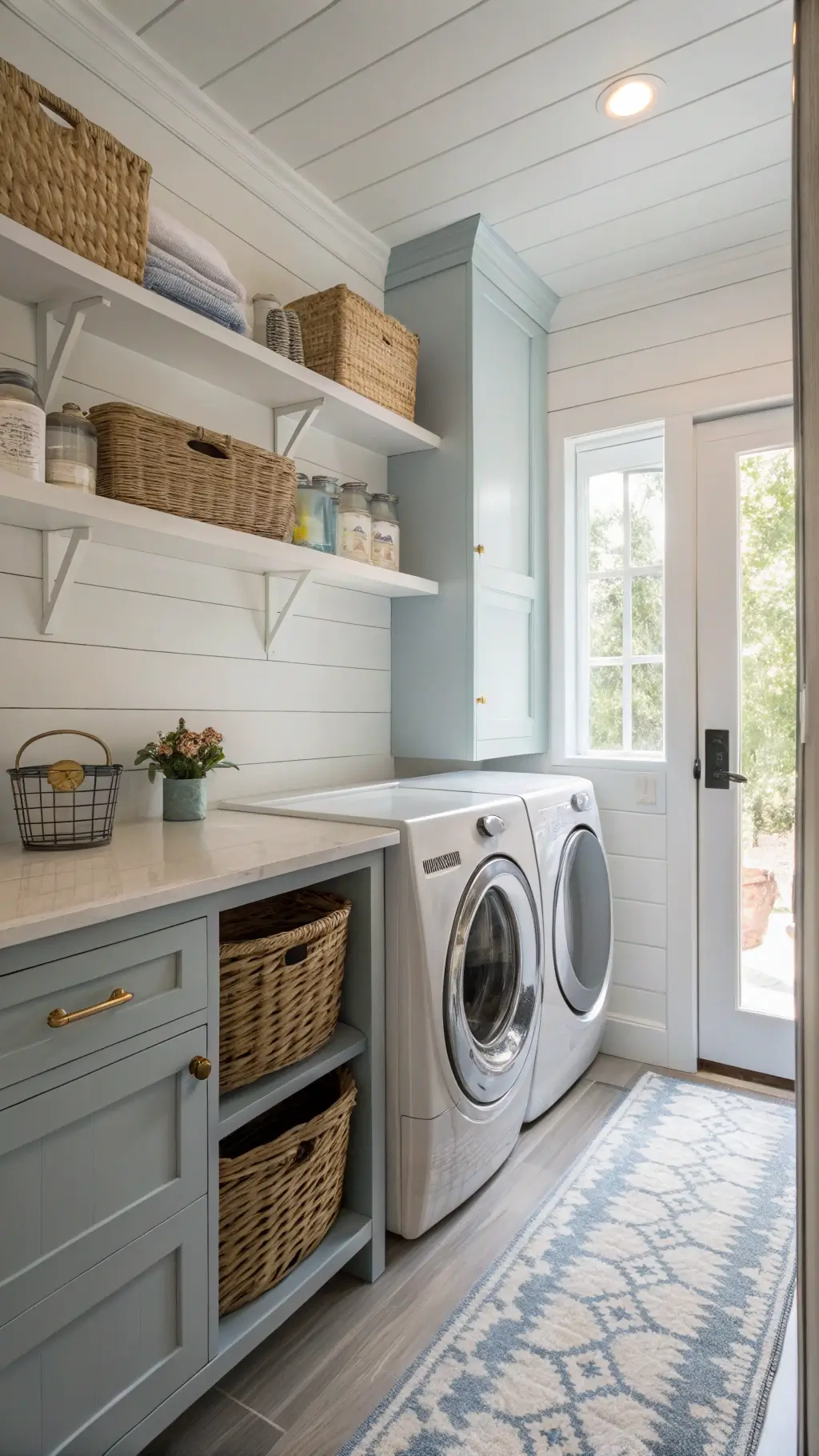 modern coastal laundry room with white shiplap walls, pale blue accents, silver front-loading washer, quartz countertop, matte brass fixtures, and natural storage accessories under morning light