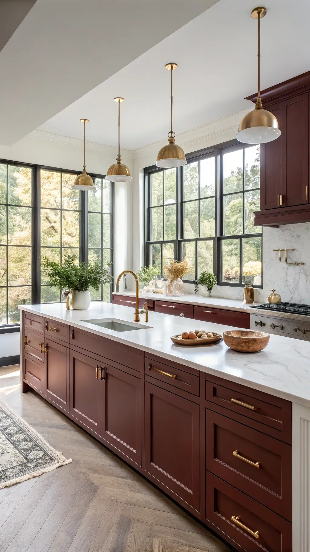 Spacious kitchen featuring burgundy shaker-style cabinets, white marble countertops, brass pendant lighting, copper cookware, fresh herbs, and a vintage Persian runner illuminated by warm morning light