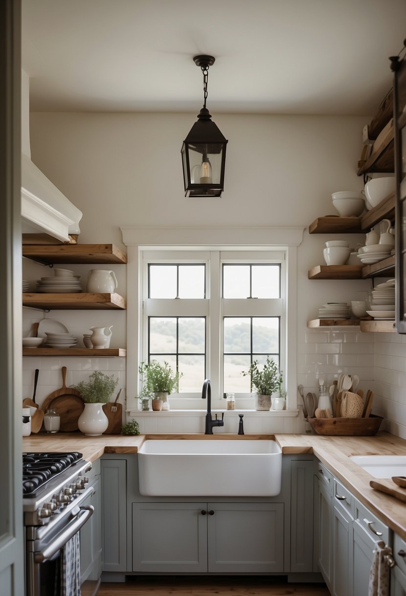 Coastal kitchen showcasing open shelving, a large farmhouse sink, and abundant natural light, designed for functionality.