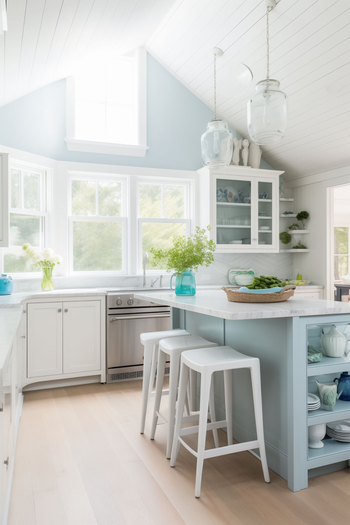 A luminous coastal cottage kitchen featuring vaulted ceilings, soft blue walls, crisp white cabinets, and a spacious central island. Large windows flood the space with natural light, complemented by pendant lighting and fresh greenery on the counters.