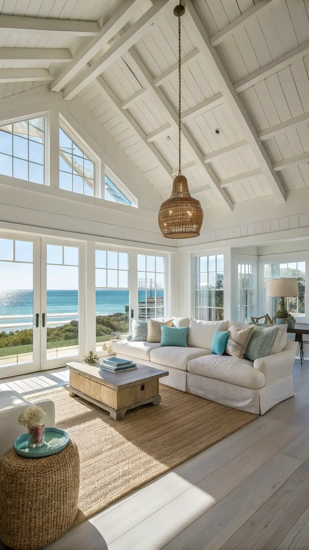 Spacious sunlit living room with vaulted ceilings, exposed beams, floor-to-ceiling windows, plush sectional sofa, driftwood coffee table, and rattan pendant lights
