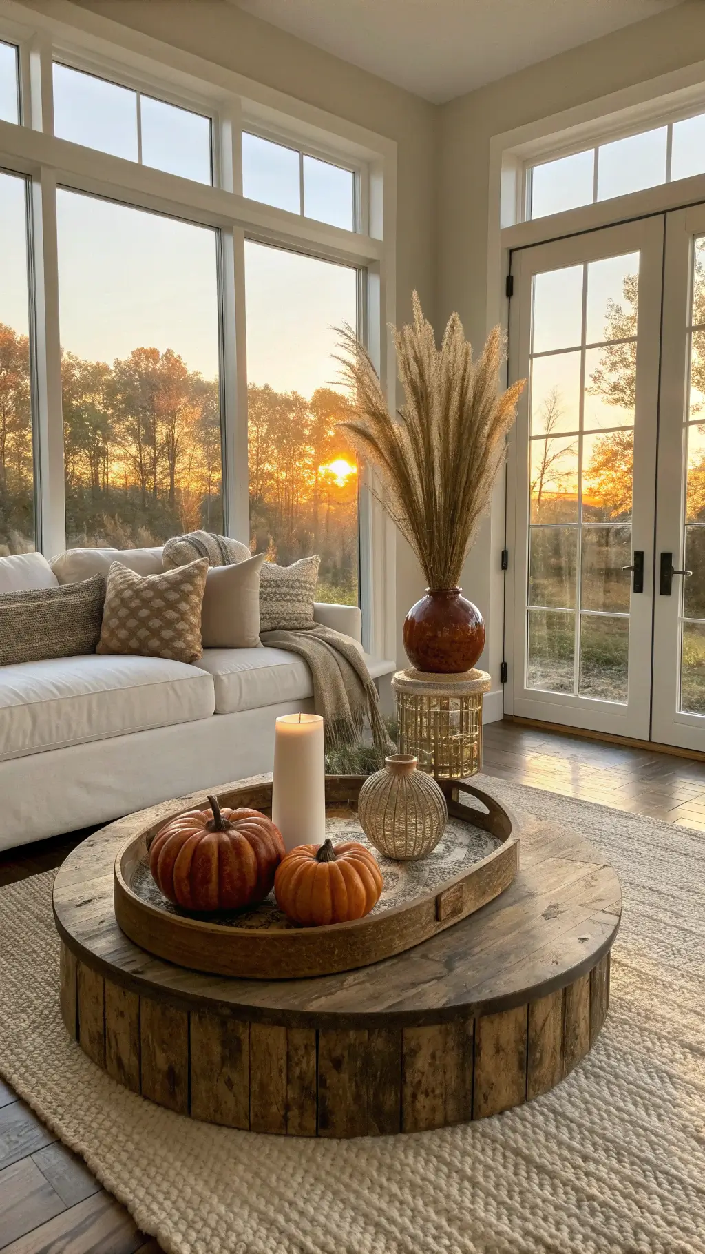 Sunlit modern farmhouse living room with oak coffee table featuring velvet pumpkins, brass candlesticks, and pampas grass in a bronze vase