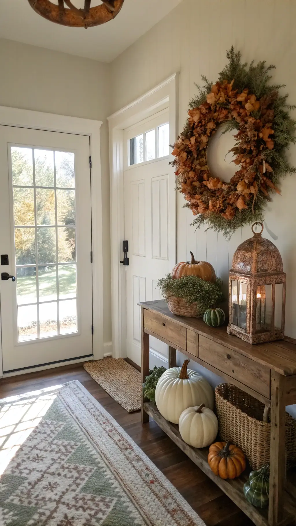 Inviting entryway with a white door adorned by a large copper wreath, oak console table displaying heirloom pumpkins and vintage lanterns, bathed in natural afternoon light through tall windows.