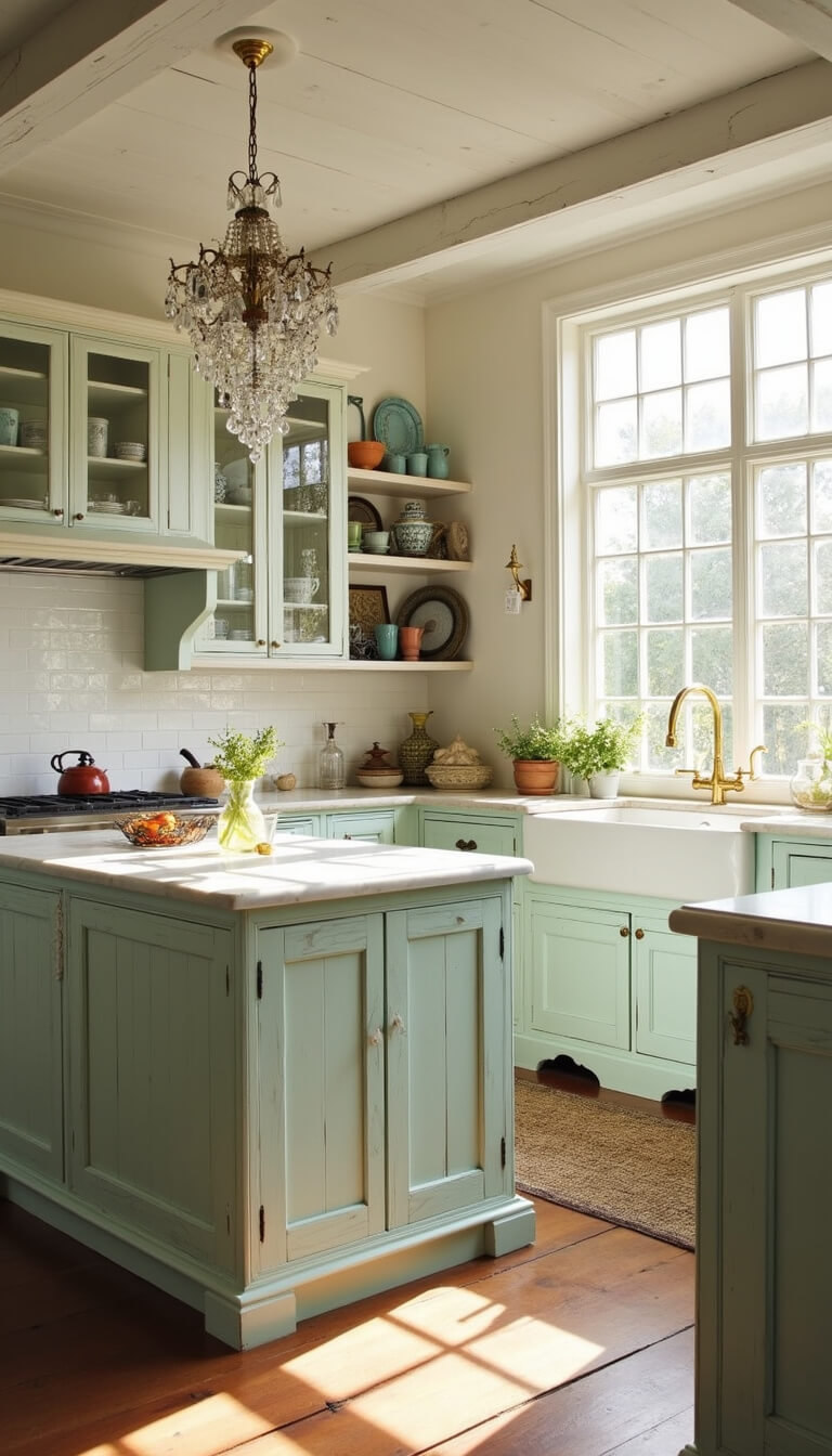 Bright kitchen with vaulted ceilings, white beams, mint-green distressed island, weathered white cabinetry, crystal chandelier, and expansive windows flooding the space with natural light.