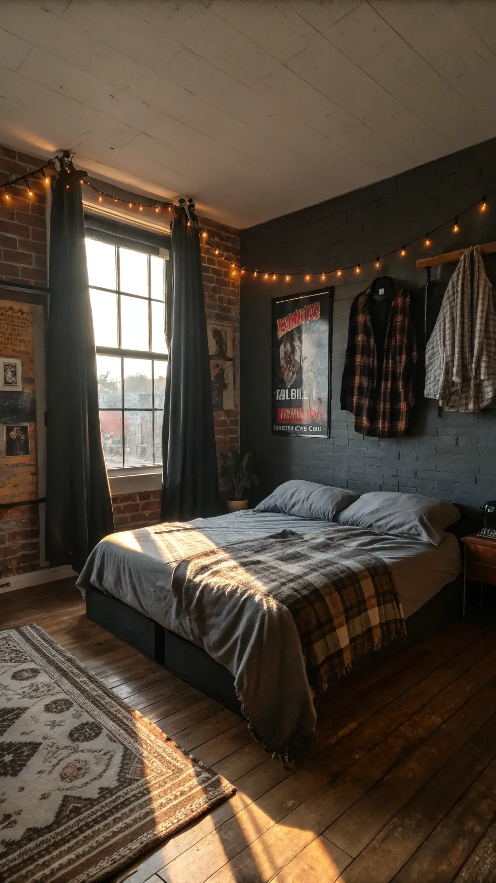 Grunge-styled bedroom at golden hour featuring vintage Nirvana and Pearl Jam posters, distressed hardwood floors, unmade black sheeted queen bed, hanging leather jacket with string lights on exposed brick accent wall.