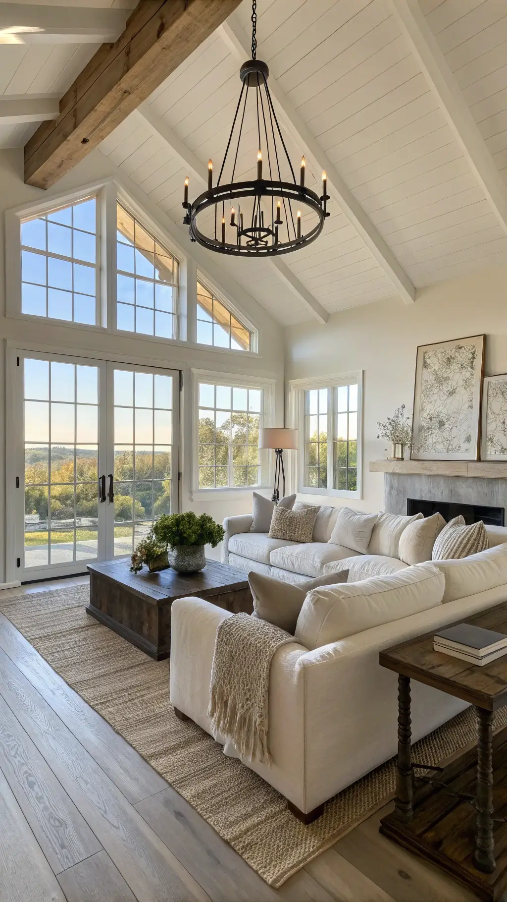 modern farmhouse living room with whitewashed oak floors, beamed ceiling, white linen sectional, throw pillows, reclaimed barn wood coffee table, and black iron chandelier in golden hour light