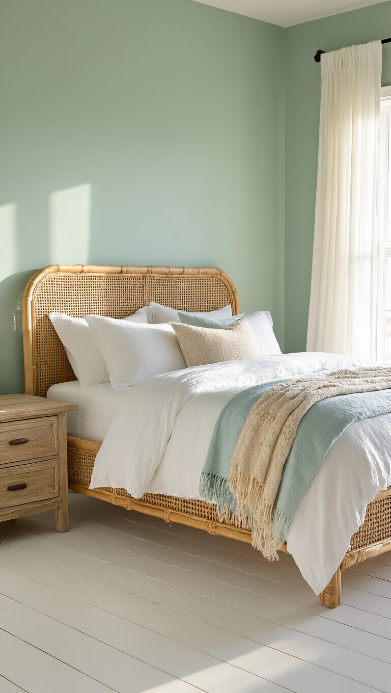 Coastal bedroom at golden hour with rattan bed, sea-foam green walls, and sunlight filtering through sheer curtains.