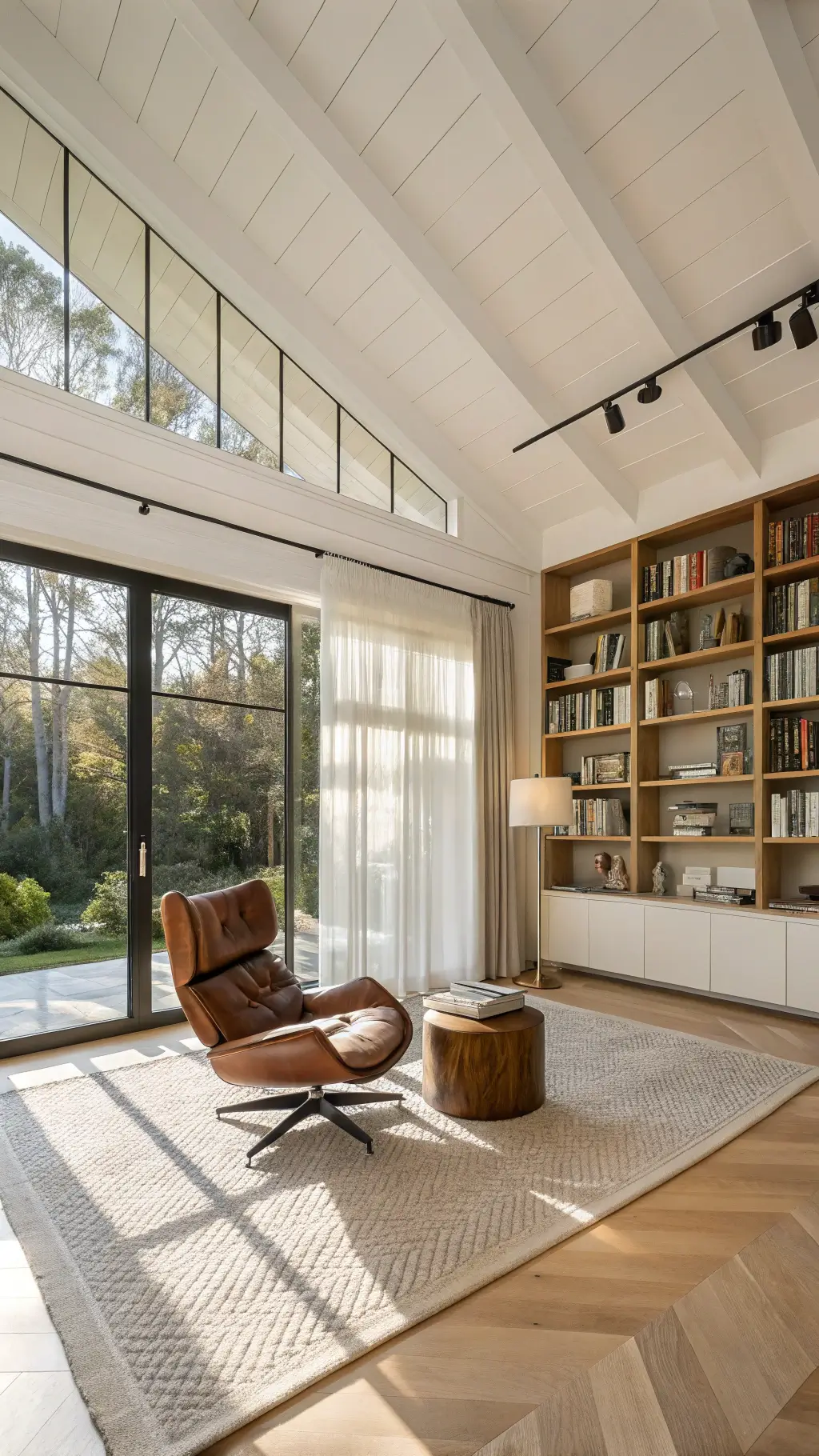 Modern minimalist library with white oak built-in shelving, cognac leather chair by window, monochromatic books, and brass accents illuminated by golden hour sunlight