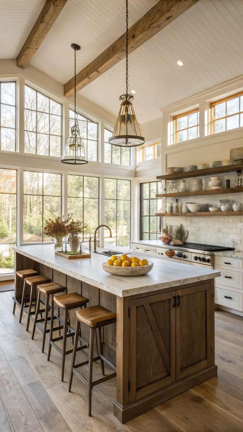 Sunlit farmhouse kitchen featuring oak island with marble countertop, vintage brass pendant lights, and open shelving with white ceramic crocks