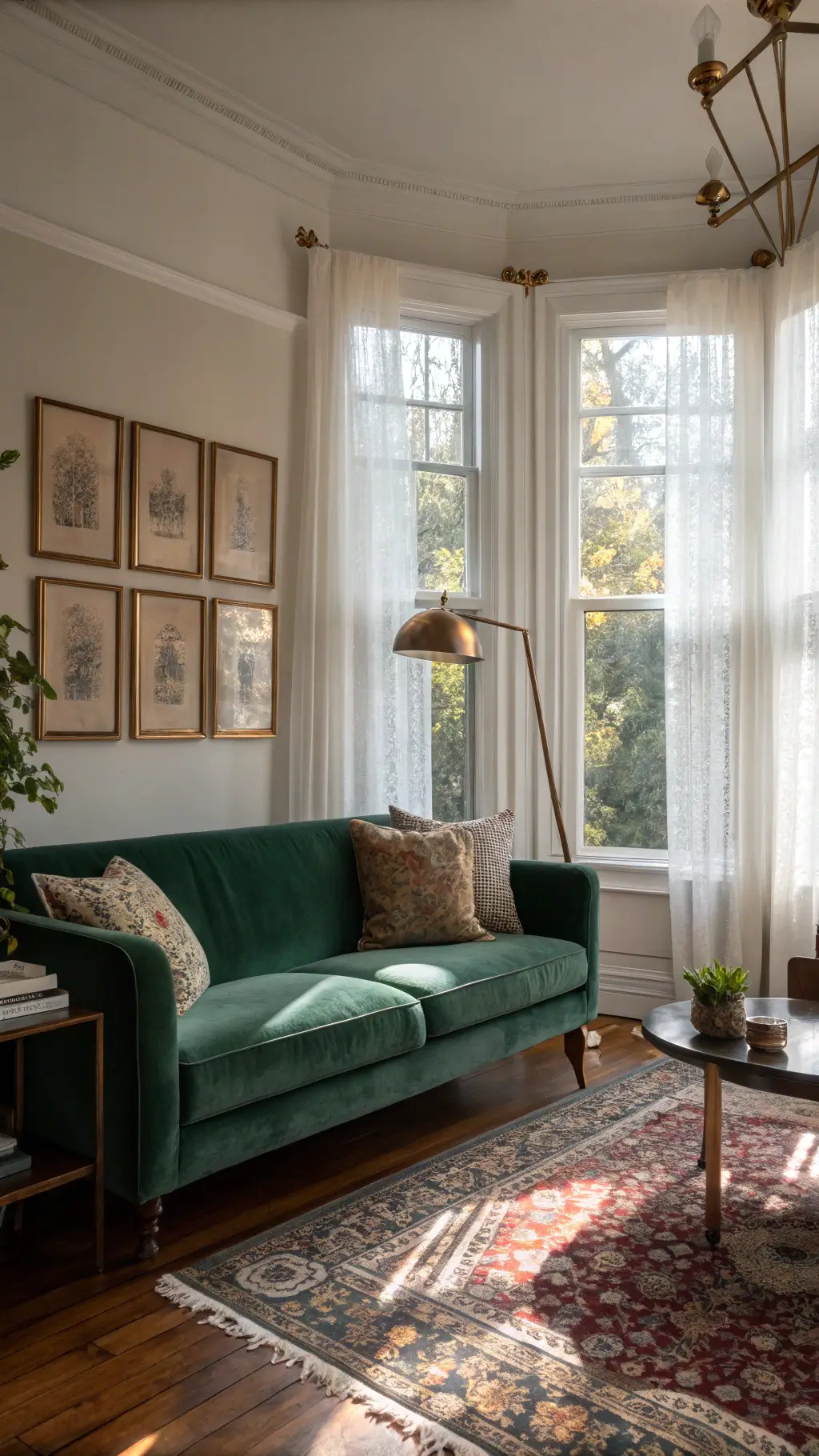 Victorian-style living room with forest green sofa, leather armchair, antique floor lamp, and vintage botanical prints on charcoal walls
