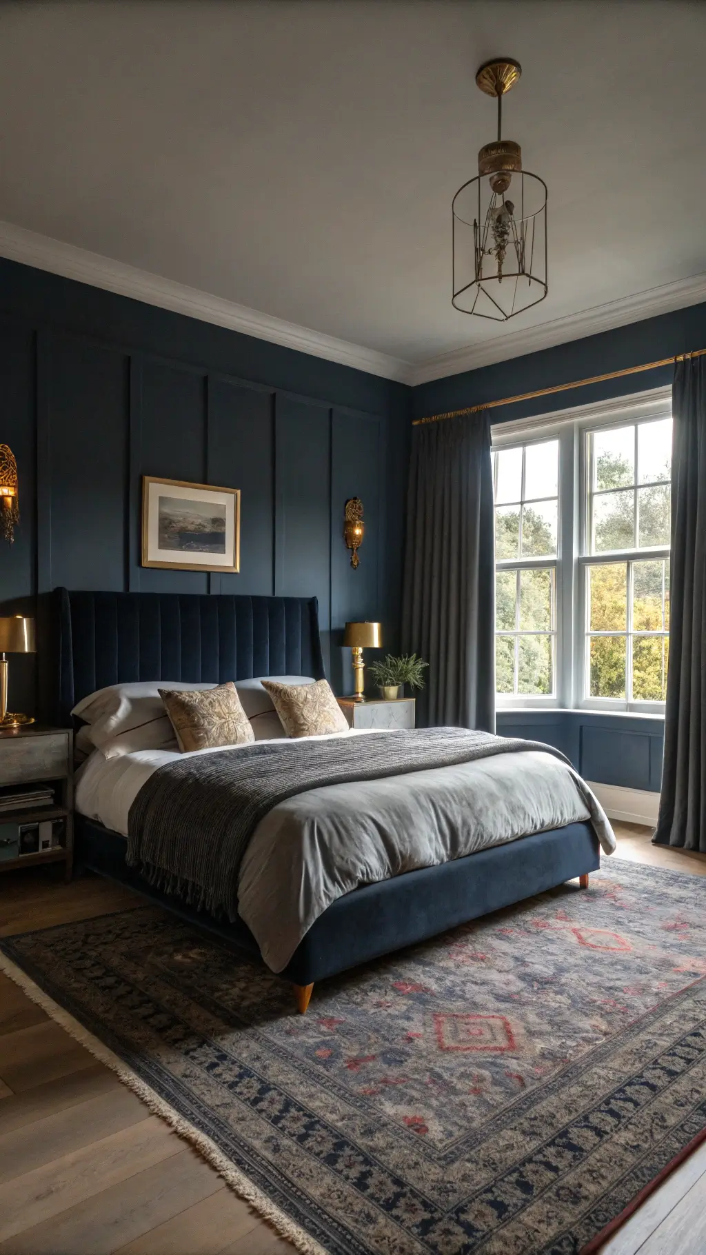Master bedroom with deep navy walls, king-size bed with black velvet headboard, storm grey silk bedding, and brass sconces illuminated by golden hour light through charcoal linen curtains.