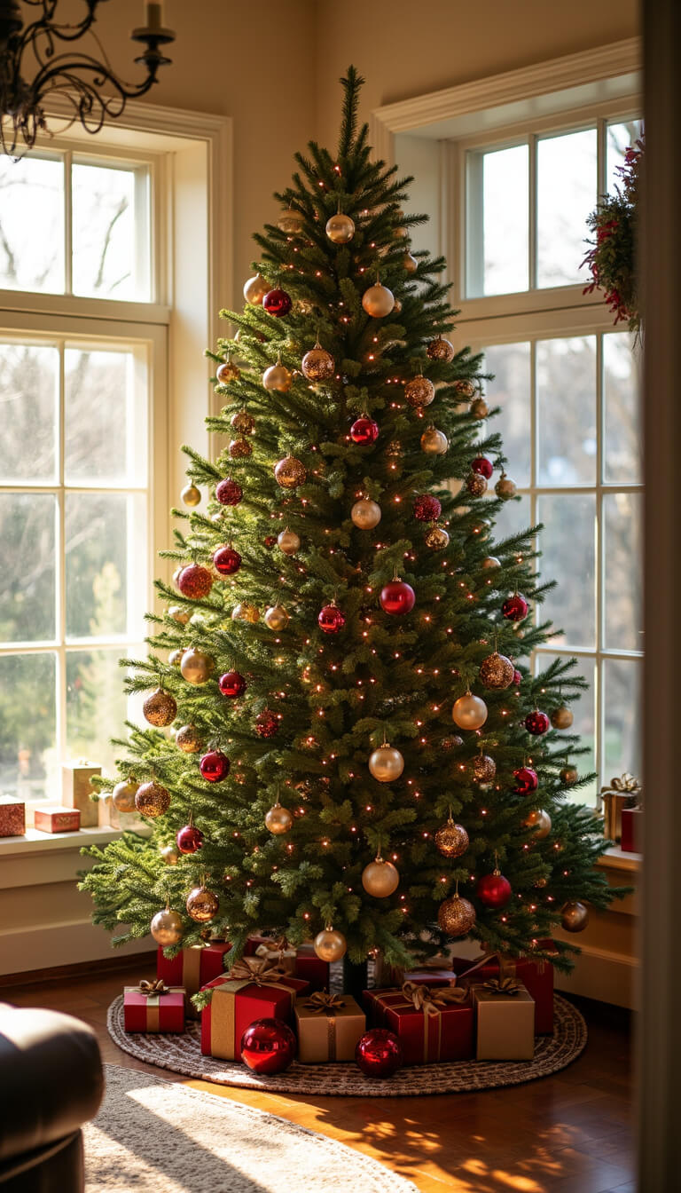 A warmly lit 15x18ft living room with a grand 9ft Christmas tree decorated in vintage burgundy, champagne, and gold ornaments, set against cream-colored walls and framed by floor-to-ceiling windows.