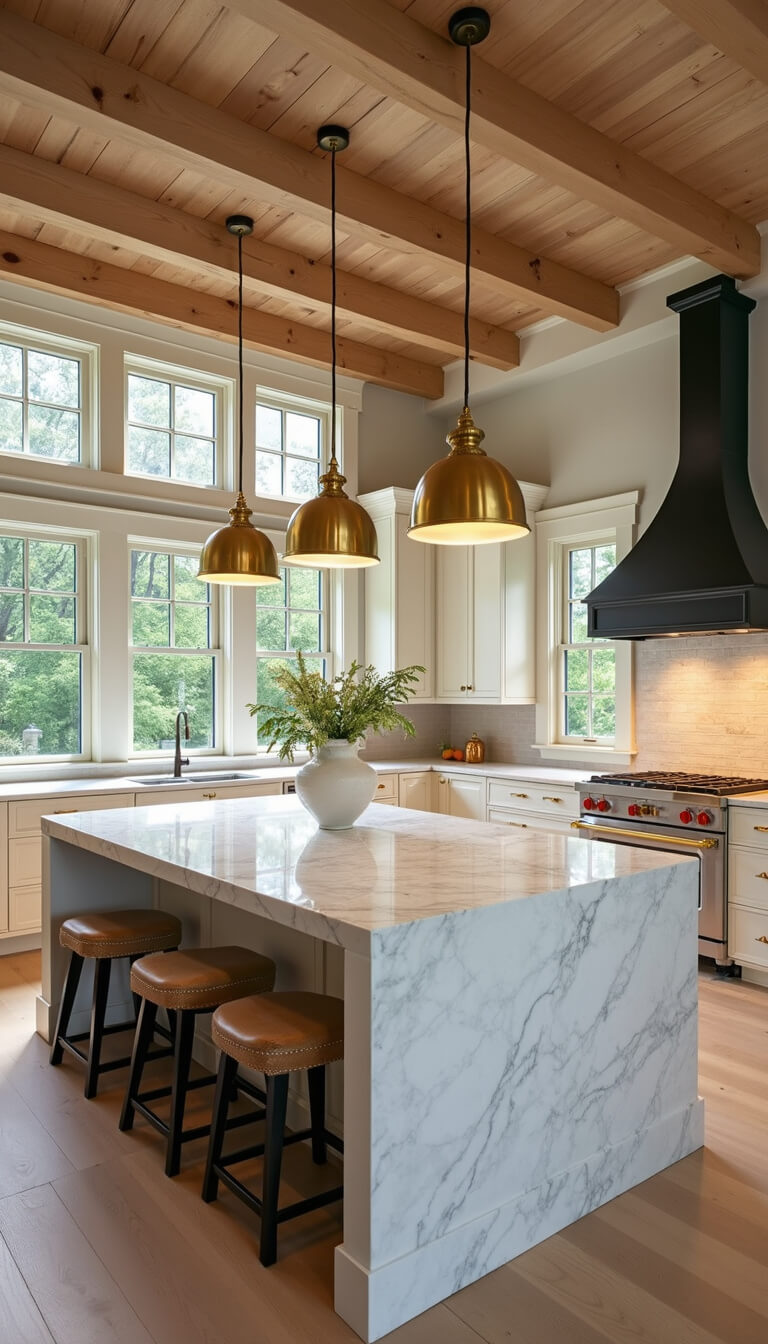 Luxurious kitchen with marble island, cream cabinets, brass accents, and morning light through tall windows.