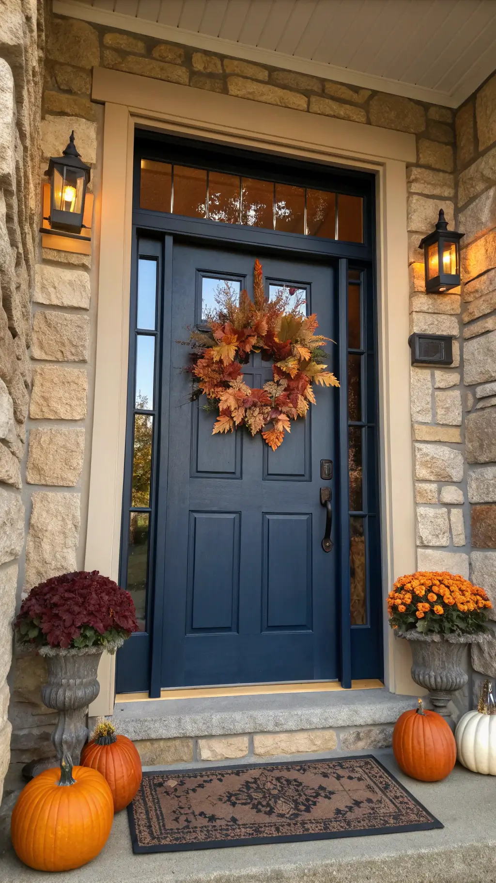 Beautiful fall door decoration with pumpkins and leaves