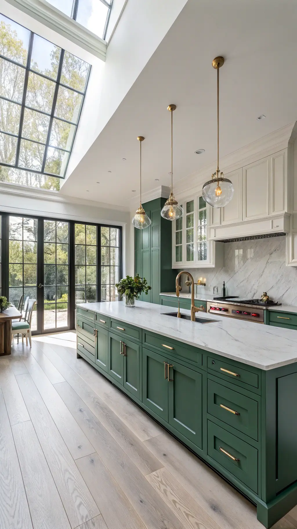 Spacious modern luxury kitchen with emerald green cabinets, white oak flooring, marble countertops, and brass hardware
