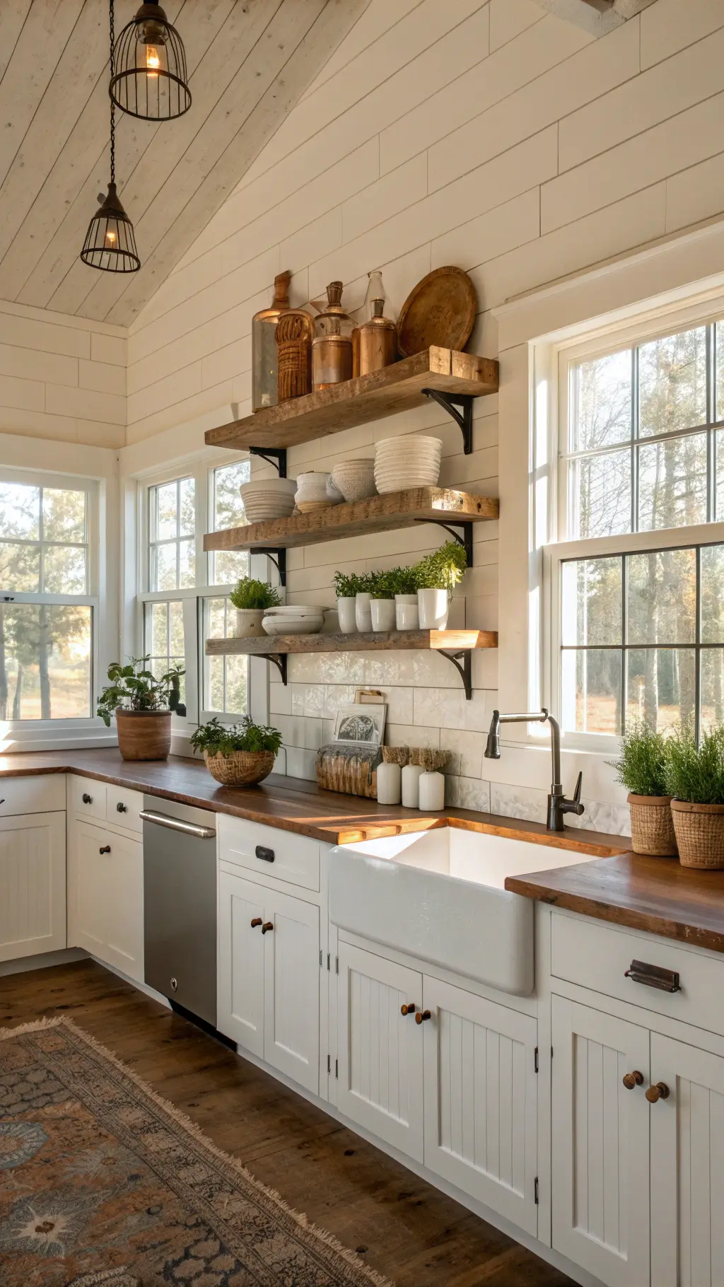 Sunlit farmhouse kitchen with white shiplap walls, reclaimed wood shelves, vintage kitchenware, fresh rosemary in terra cotta pots, and a ceramic sink on butcher block counter.