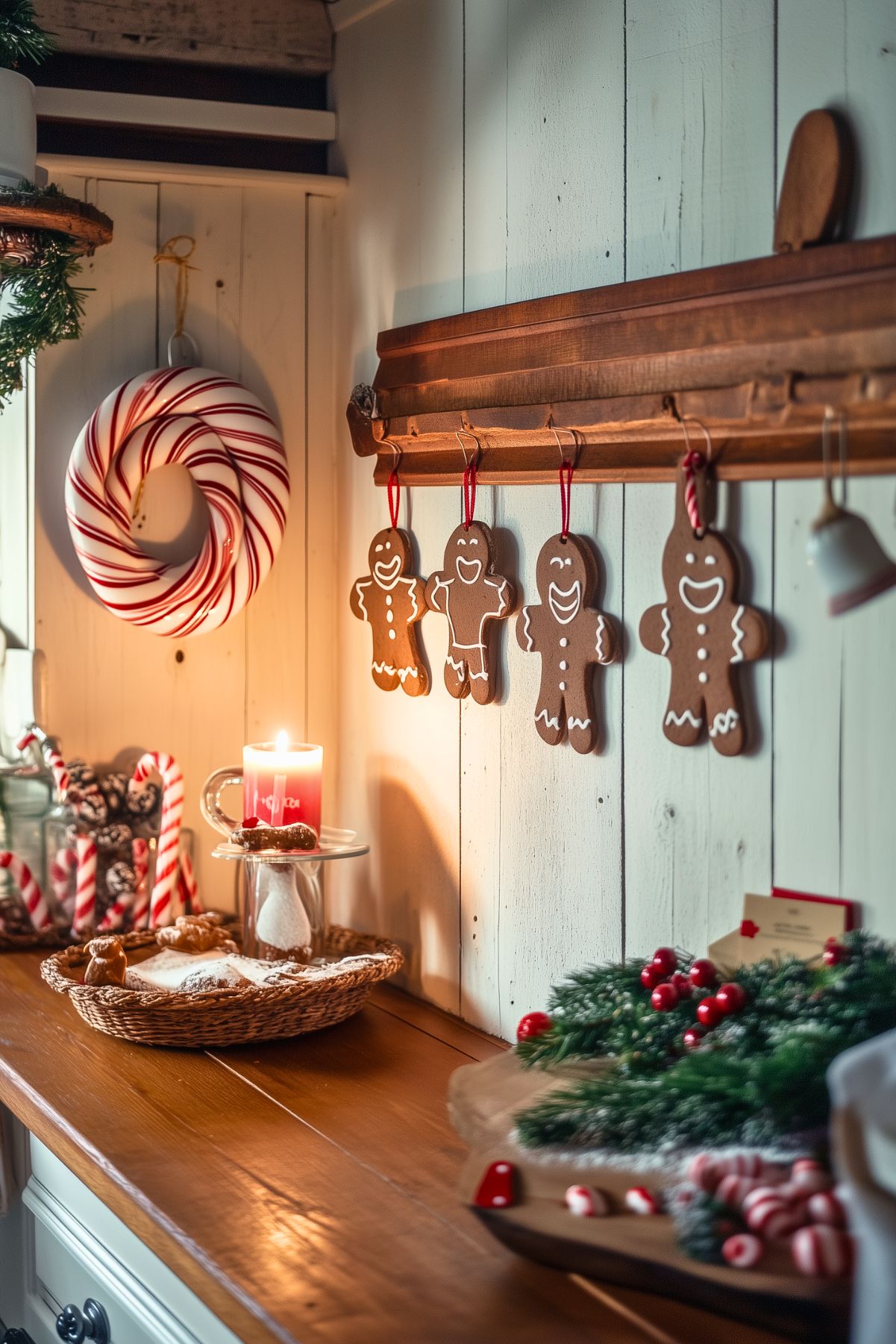Warm and inviting Christmas kitchen decorated with gingerbread cookies on a rustic wooden rack, a large candy cane wreath, red candle, candy canes in a jar, and festive greenery. Holiday kitchen decor featuring gingerbread ornaments, soft lighting, and seasonal treats for a charming Christmas atmosphere.