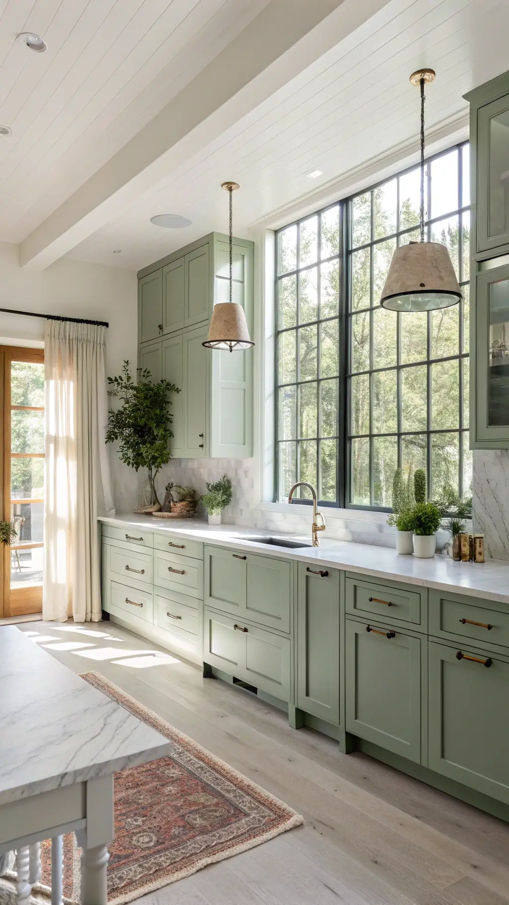 Sunlit modern kitchen featuring sage green cabinets, white marble countertops, window wall with sheer linen curtains, brass pendant lights, and oak flooring