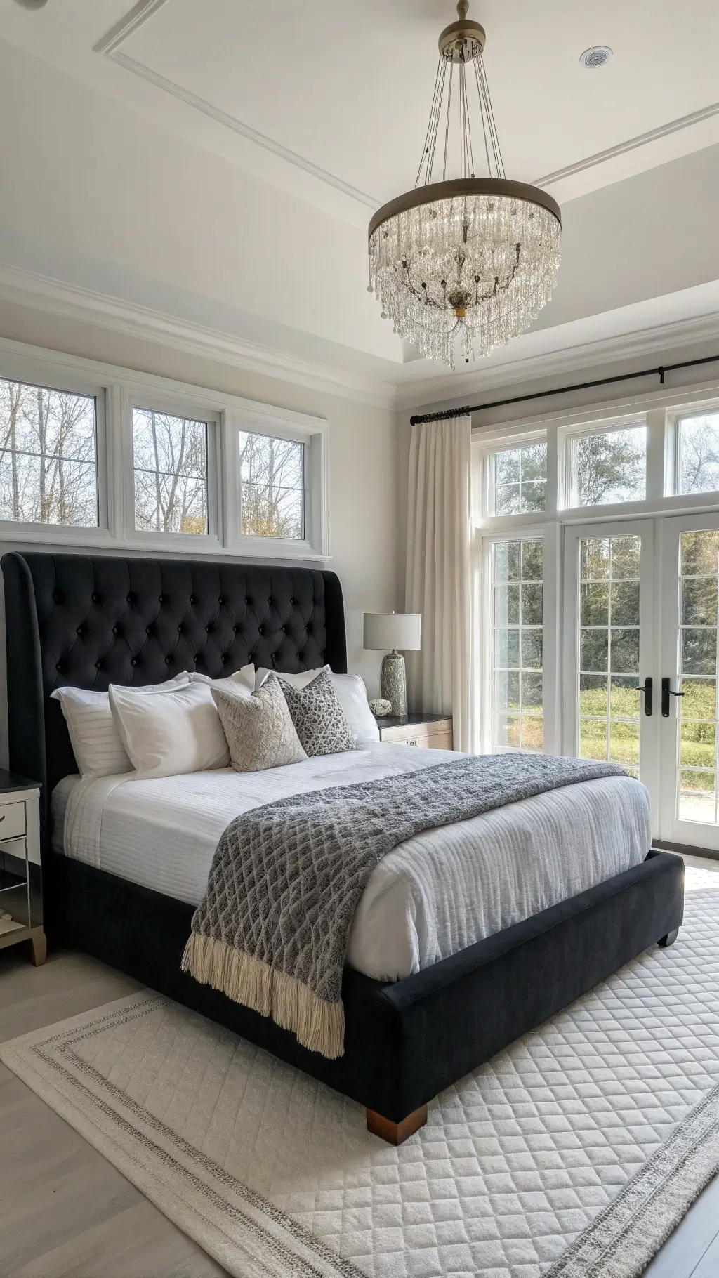 Bright master bedroom featuring a luxurious black velvet king bed with white Egyptian cotton bedding, charcoal silk cushions, and an ivory chunky knit throw, illuminated by a chrome crystal chandelier.