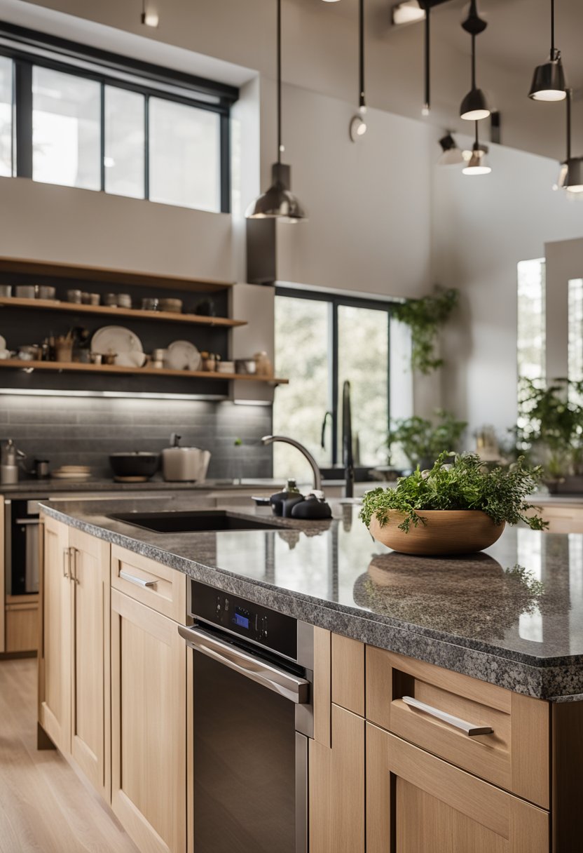 Kitchen island with wooden cabinetry and stone countertop.