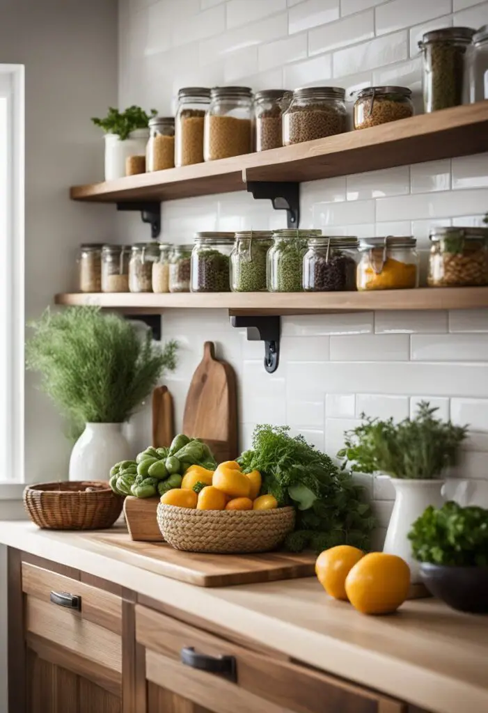 Kitchen countertop adorned with fresh vegetables and herbs, featuring open wooden shelves above.