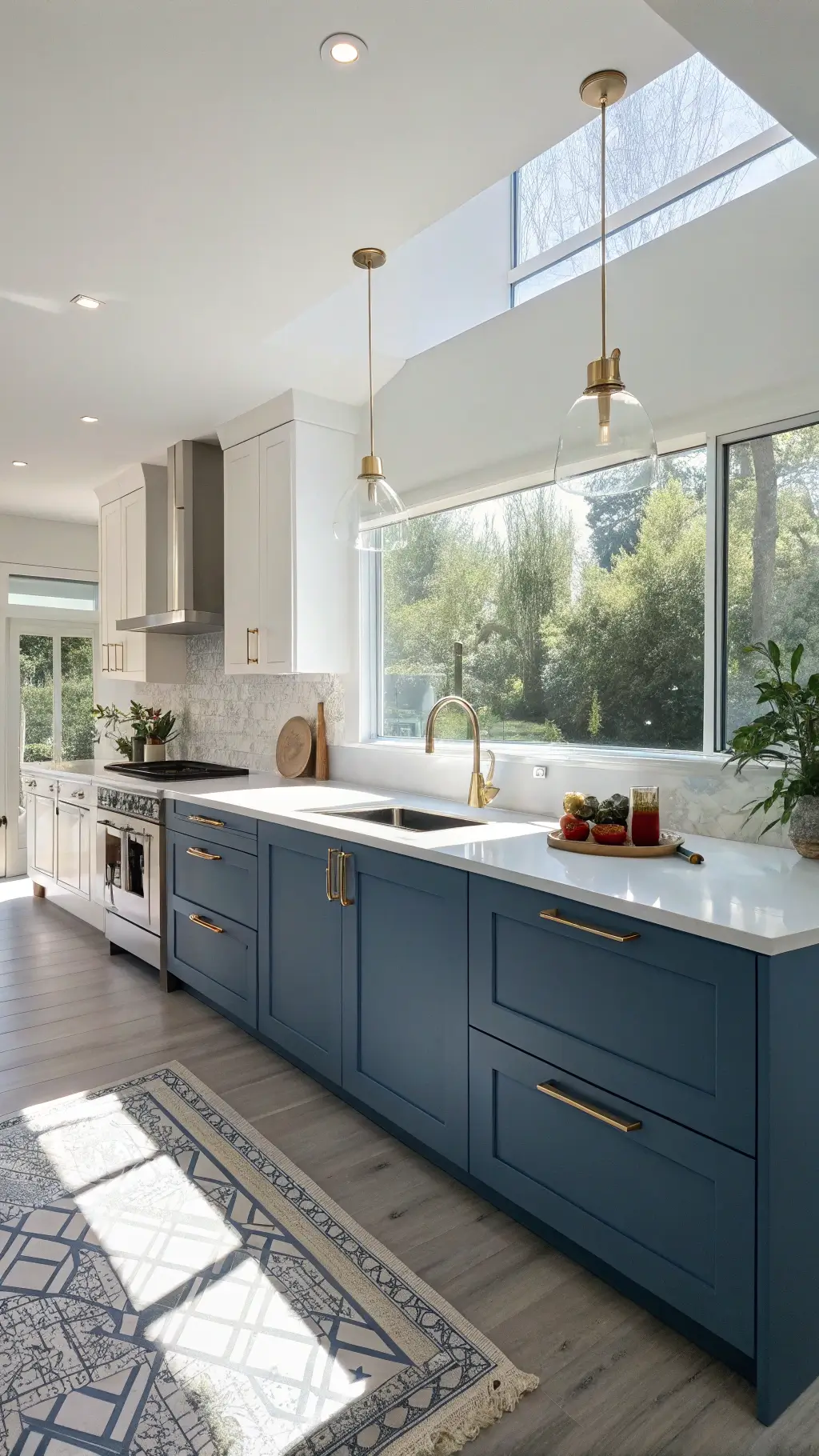 Bright and airy contemporary kitchen with IKEA Axstad matte blue cabinets, white quartz countertops, gold hardware accents, minimalist pendant lights, styled copper cookware, ceramic accessories.