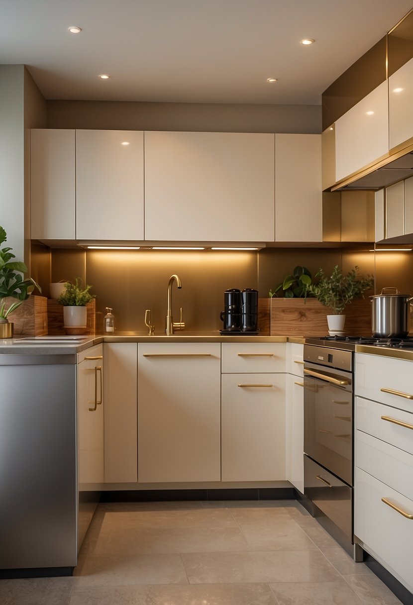 Kitchen with ivory cabinetry and gleaming brass appliances under warm lighting.