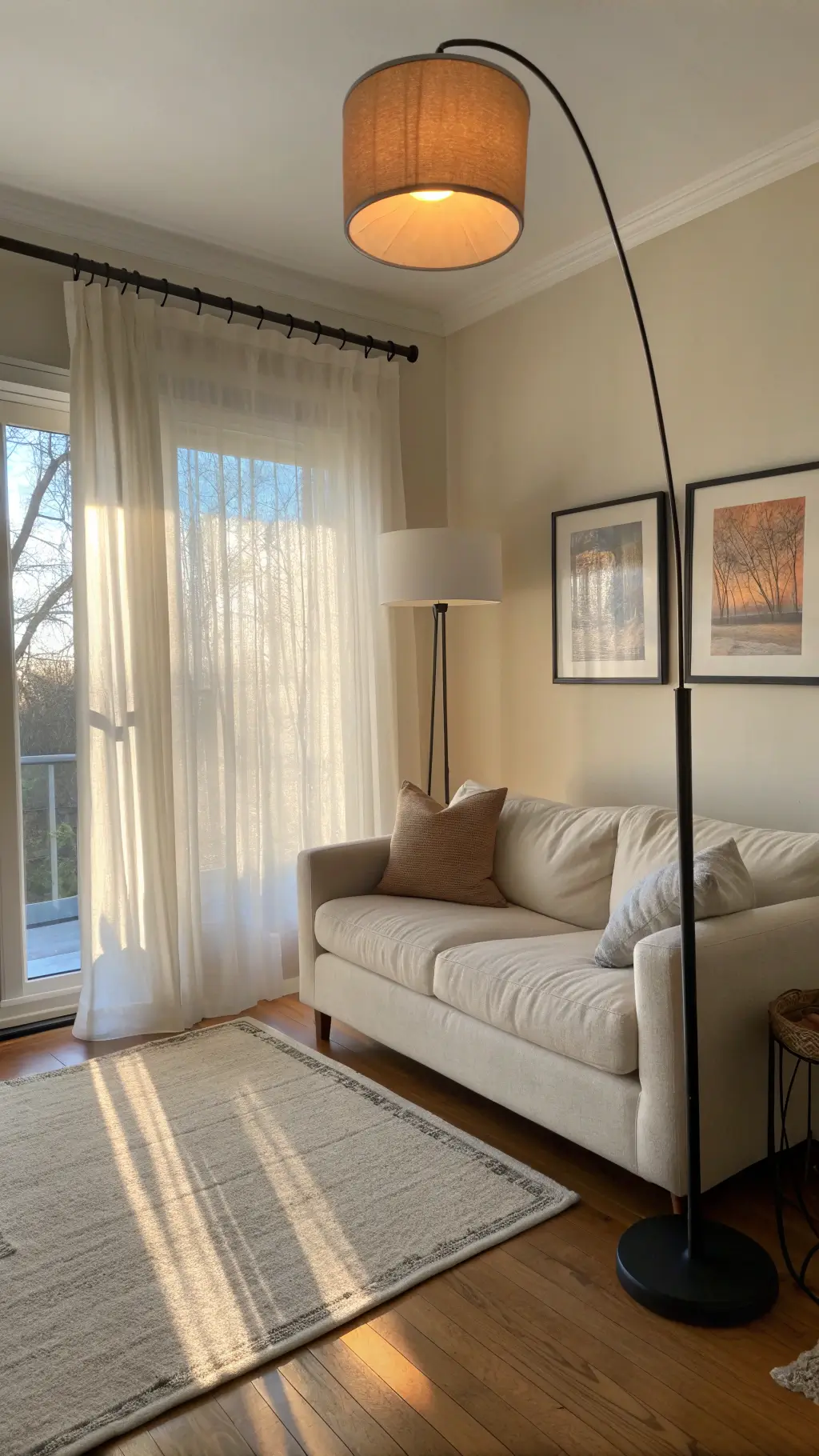Japandi lamp illuminating a modern living room