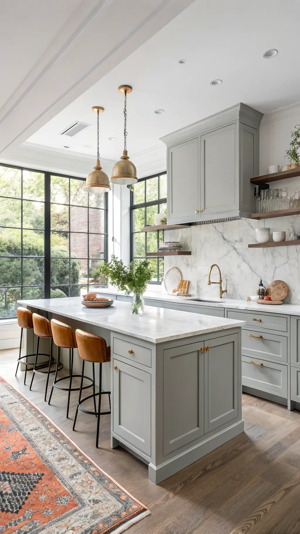 Sleek kitchen featuring light grey shaker cabinets, white marble countertops, brass fixtures, a spacious island with leather stools, copper cookware, and a vintage rug illuminated by natural light from large windows.