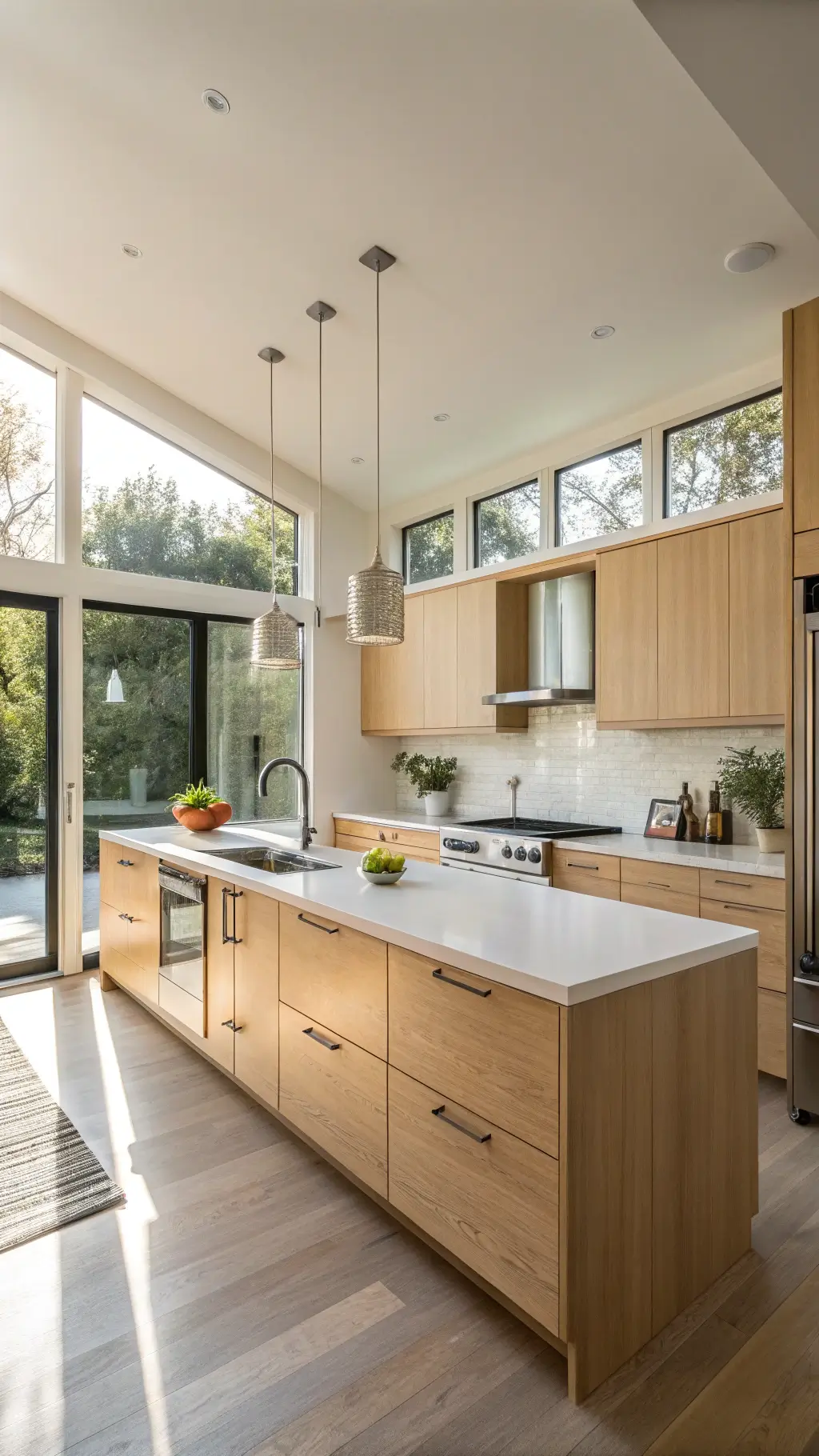Bright modern kitchen with high ceilings, large windows, bright maple cabinets, white quartz island, stainless steel appliances, and minimalist decor during golden hour.
