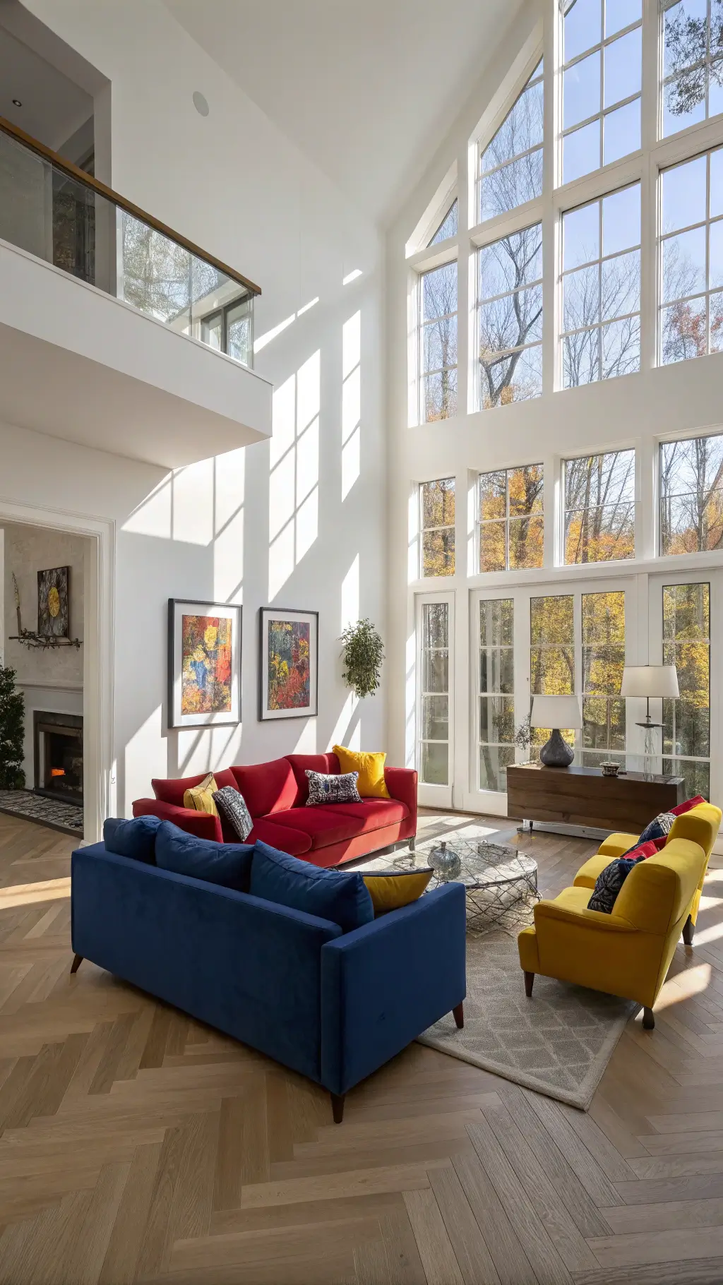 Bright modern living room with royal blue velvet sofa, red accent chairs, yellow cushions, oak herringbone flooring, brass fixtures, and abstract primary color artwork
