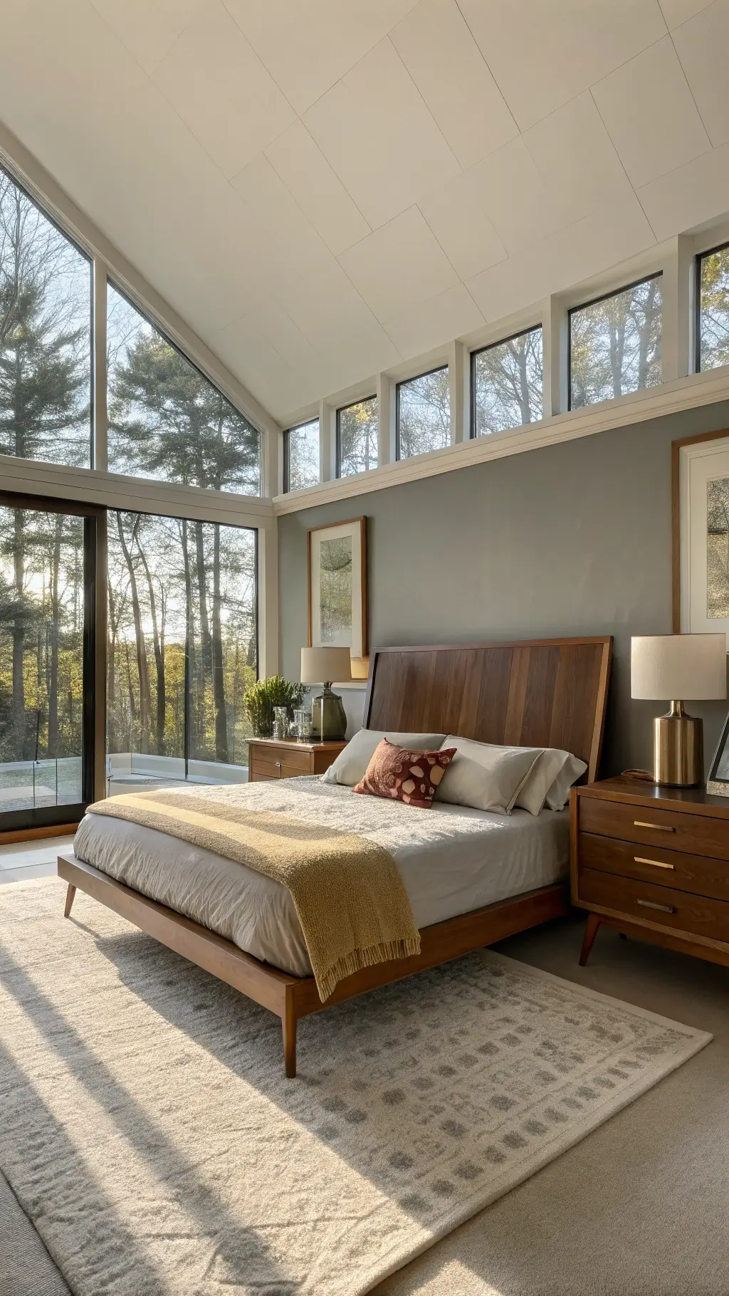 Spacious master bedroom featuring a mid-century modern king platform bed illuminated by warm sunlight, complemented by grey walls, natural linen bedding, walnut nightstands, and brass lamps.