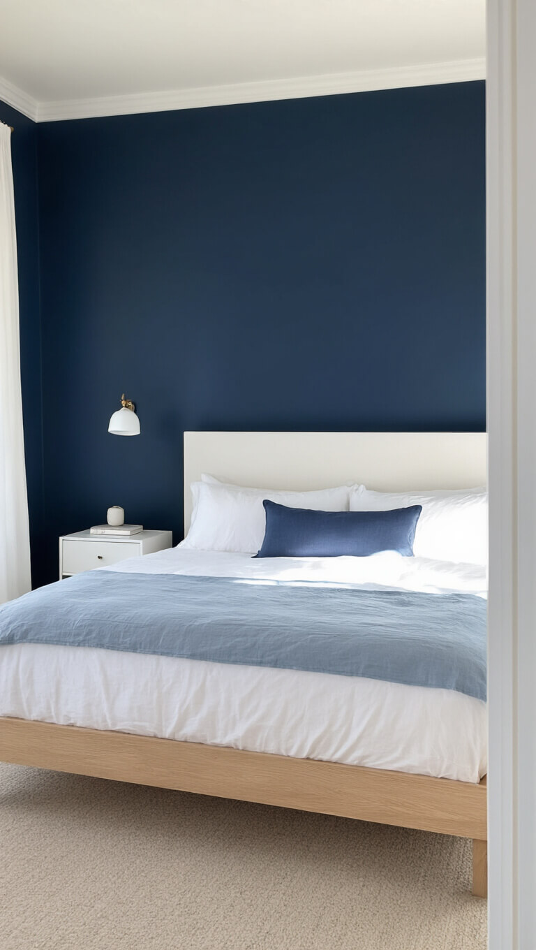 Contemporary bedroom featuring a white oak platform bed, powder blue bedding, navy accent wall, and natural light filtering through sheer curtains.