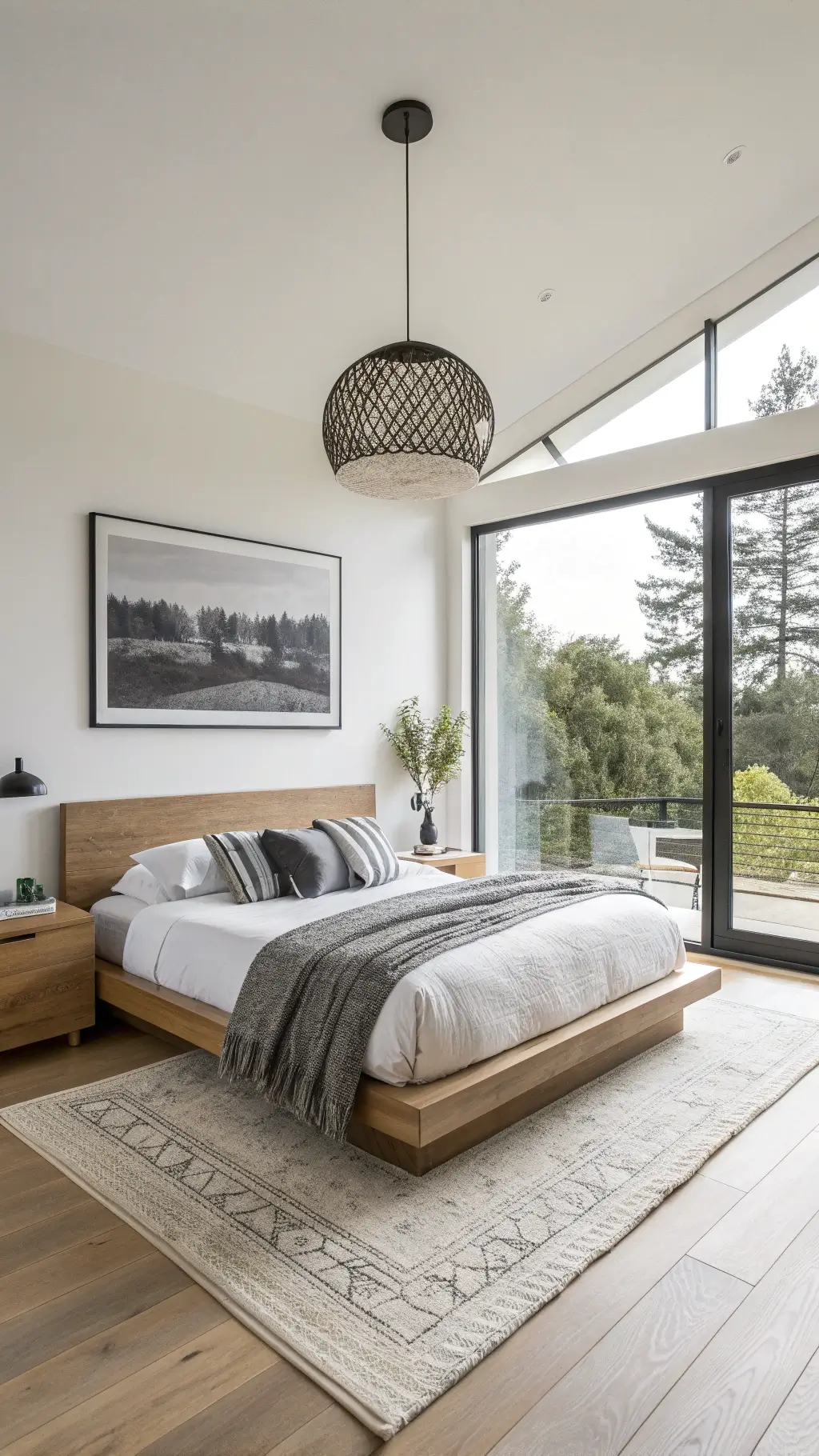 Minimalist bedroom with morning light streaming through floor-to-ceiling windows featuring low-profile oak bed, white linen, and gray throw. Room decor includes black pendant, two nightstands, oversized photo print, fiddle leaf fig, ivory geometric rug.