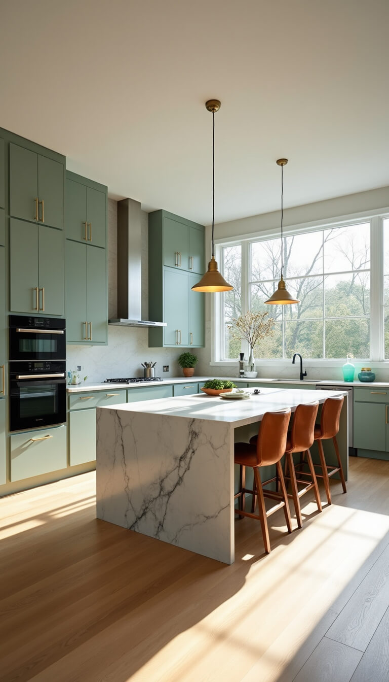 Contemporary 12x15ft kitchen featuring sage green shaker cabinets, marble waterfall island, brass pendant lighting, and expansive floor-to-ceiling windows flooding the space with natural light.