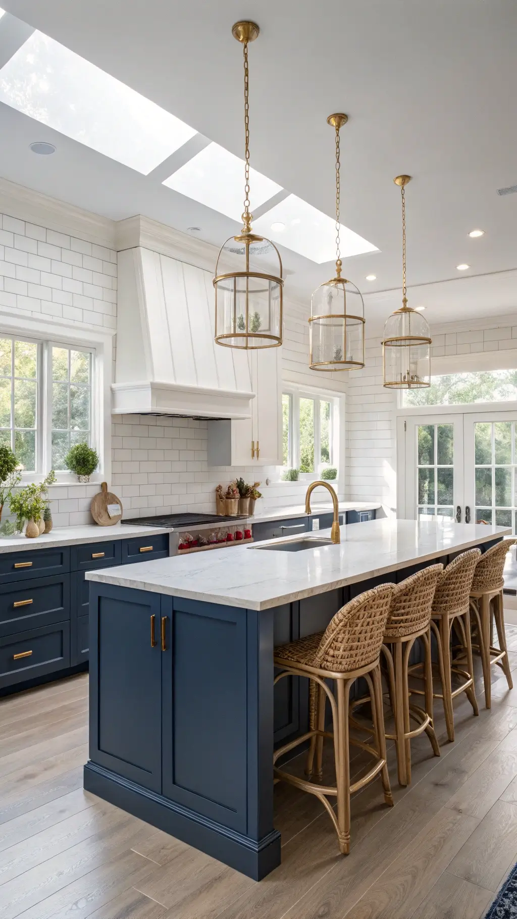 Elegant kitchen featuring navy blue cabinets