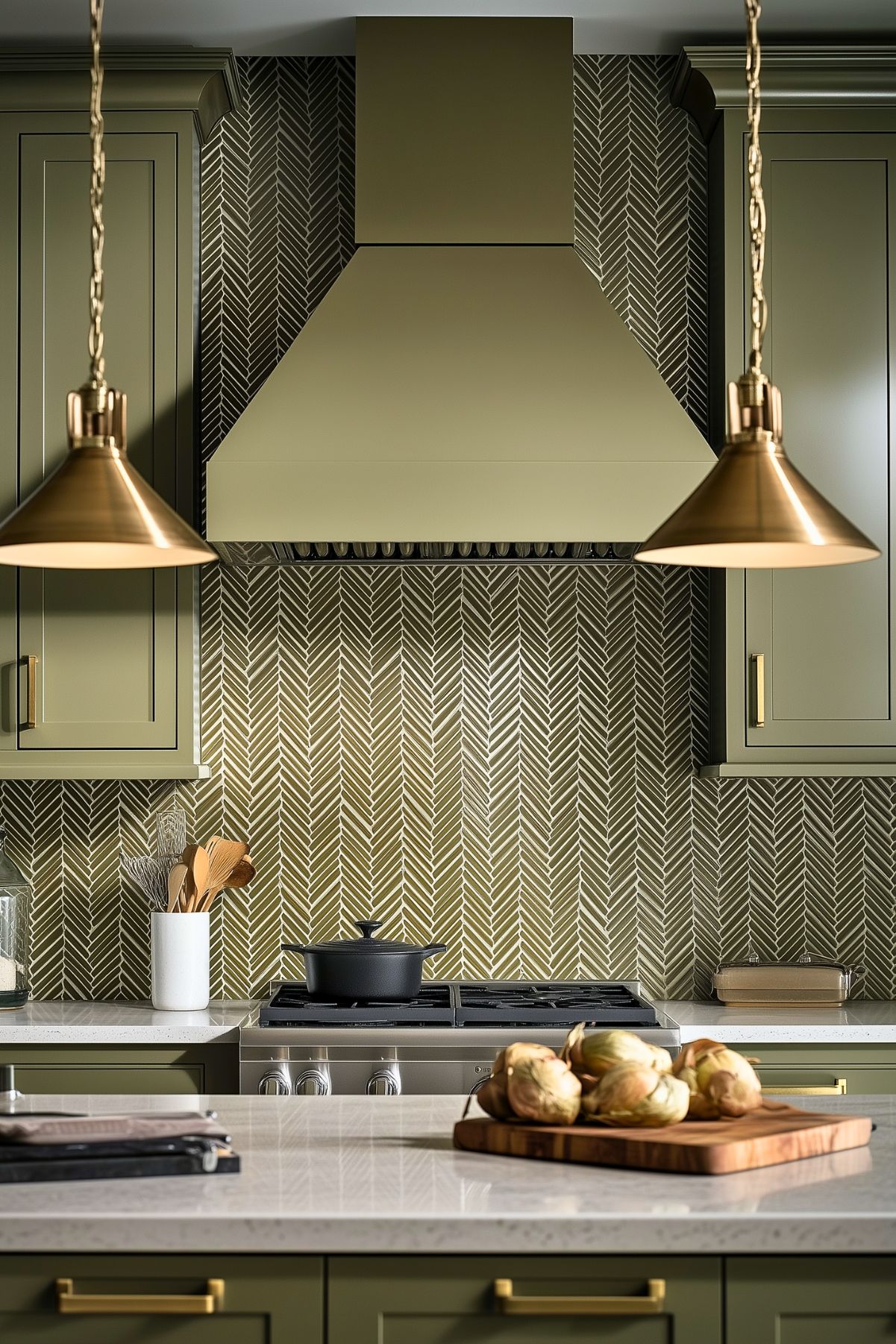 Contemporary kitchen featuring olive green cabinetry, brass pendant lights, and a chevron-patterned backsplash for an earthy, stylish vibe.