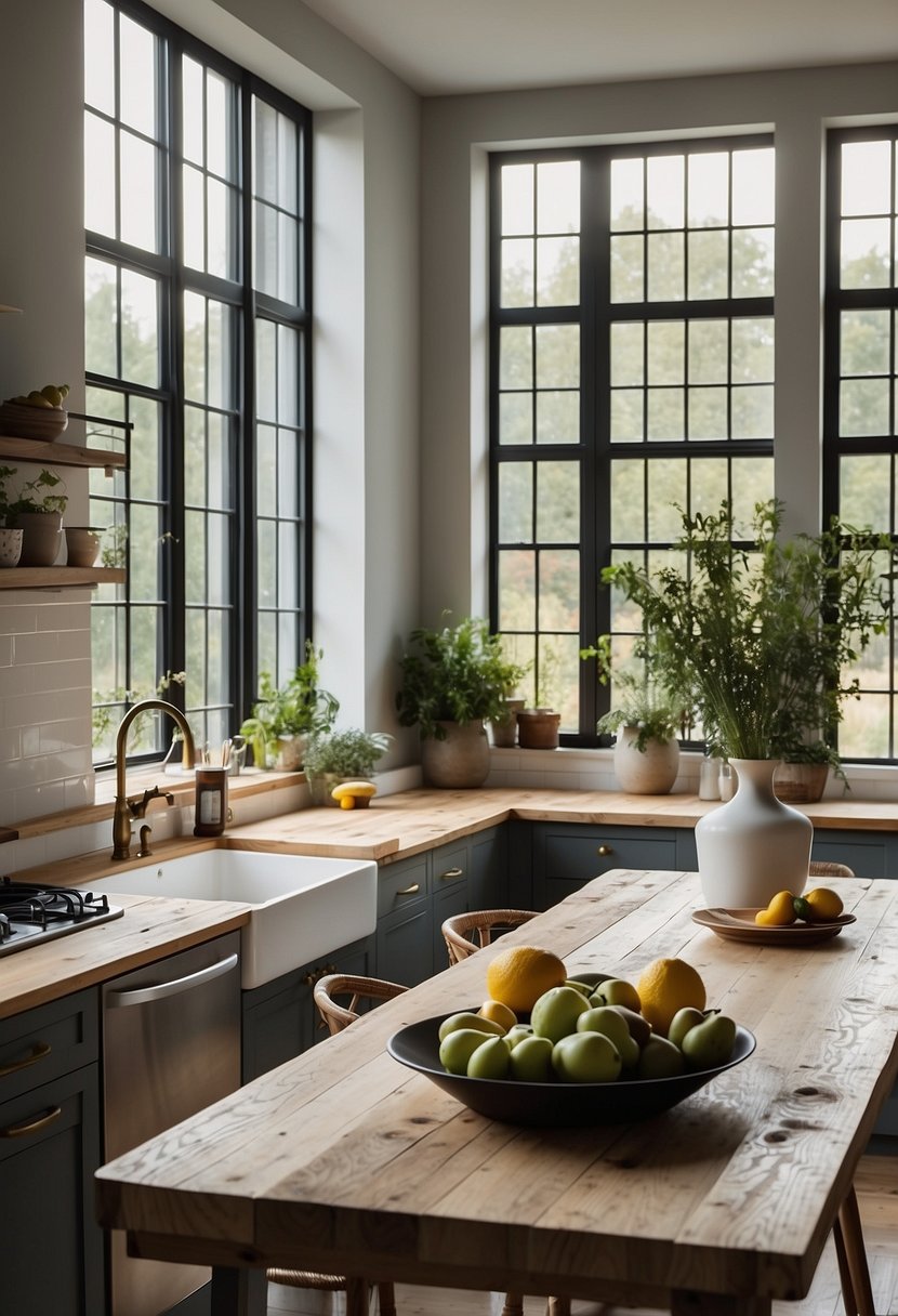 A bright kitchen featuring minimalist cabinetry alongside a large farmhouse table, illuminated by natural light highlighting the blend of rustic and modern design