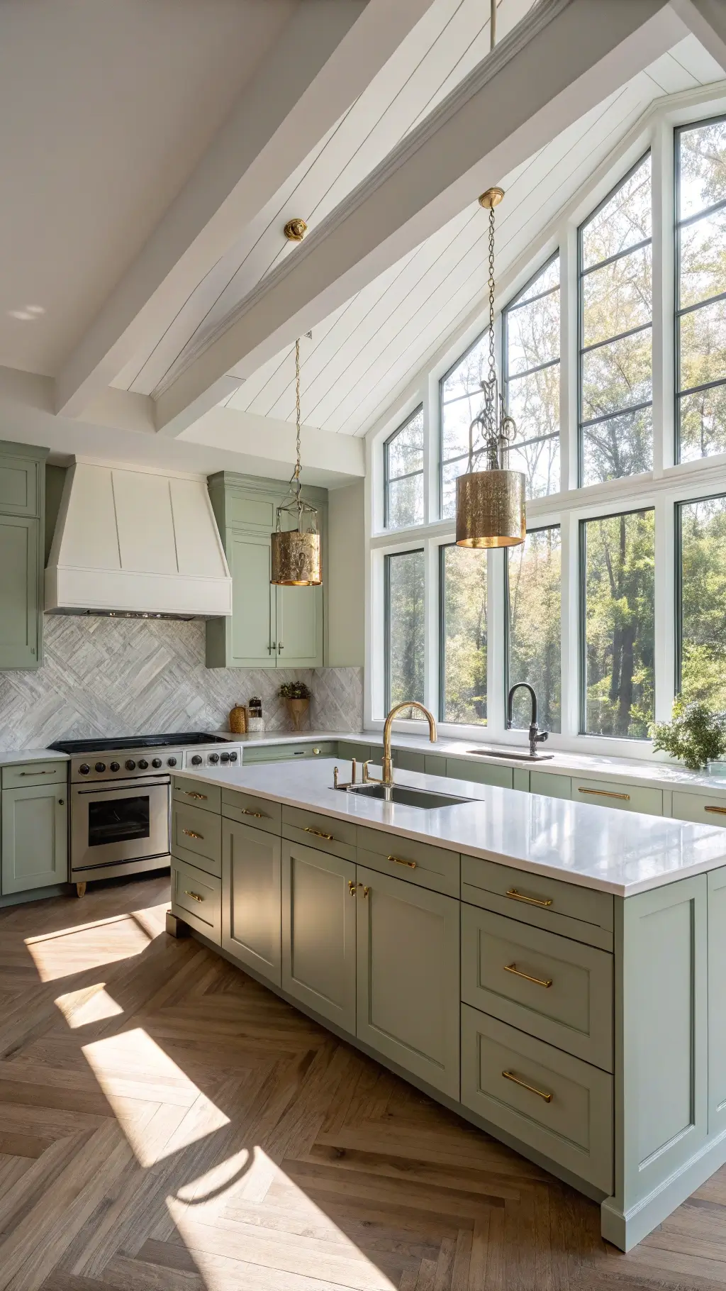 Bright modern kitchen featuring sage green cabinets, marble countertops, brass lighting, and oak flooring