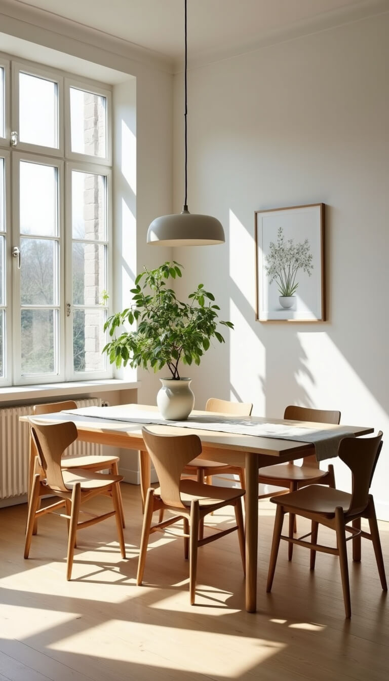 Scandinavian dining room with pale oak table, Hans Wegner-style chairs, floor-to-ceiling windows, and warm morning light.