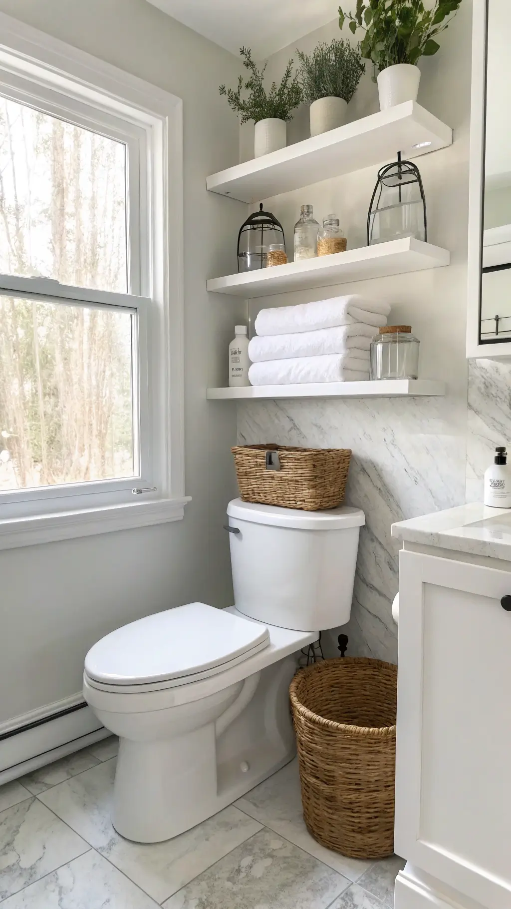 Modern spa bathroom with sleek white shelves, rolled towels, glass jars, and eucalyptus sprigs above a porcelain toilet, complemented by black hardware and minimalist grey <a href=
