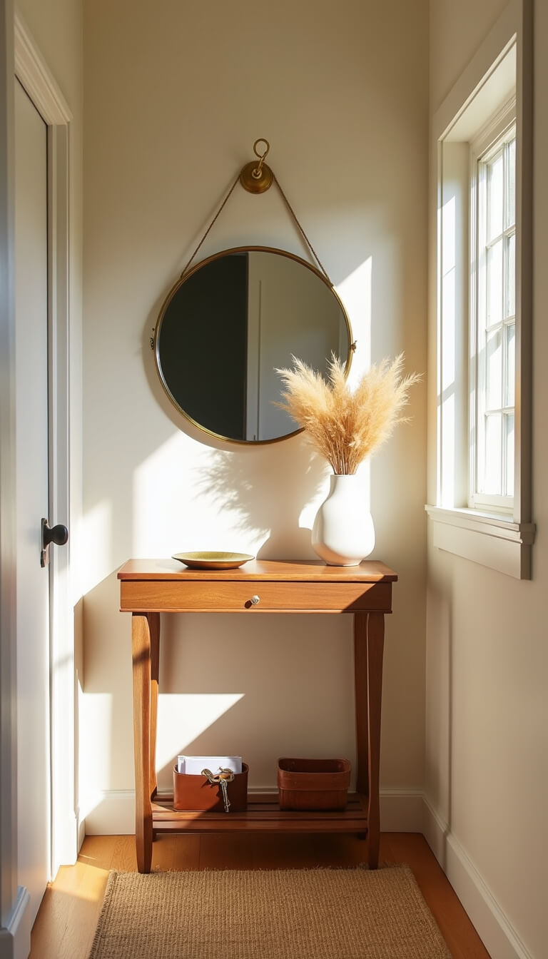 Sunlit narrow entryway featuring a walnut console table, brass mirror, pampas grass in a white vase, and neatly arranged decor on a sisal runner.