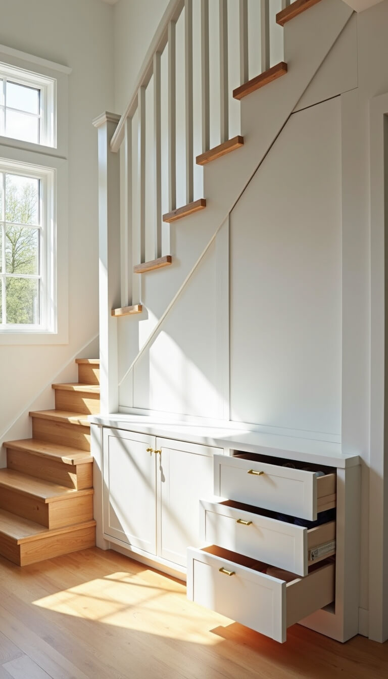 Bright modern entryway featuring custom white drawers under stairs, natural oak staircase, and neatly arranged shoes.