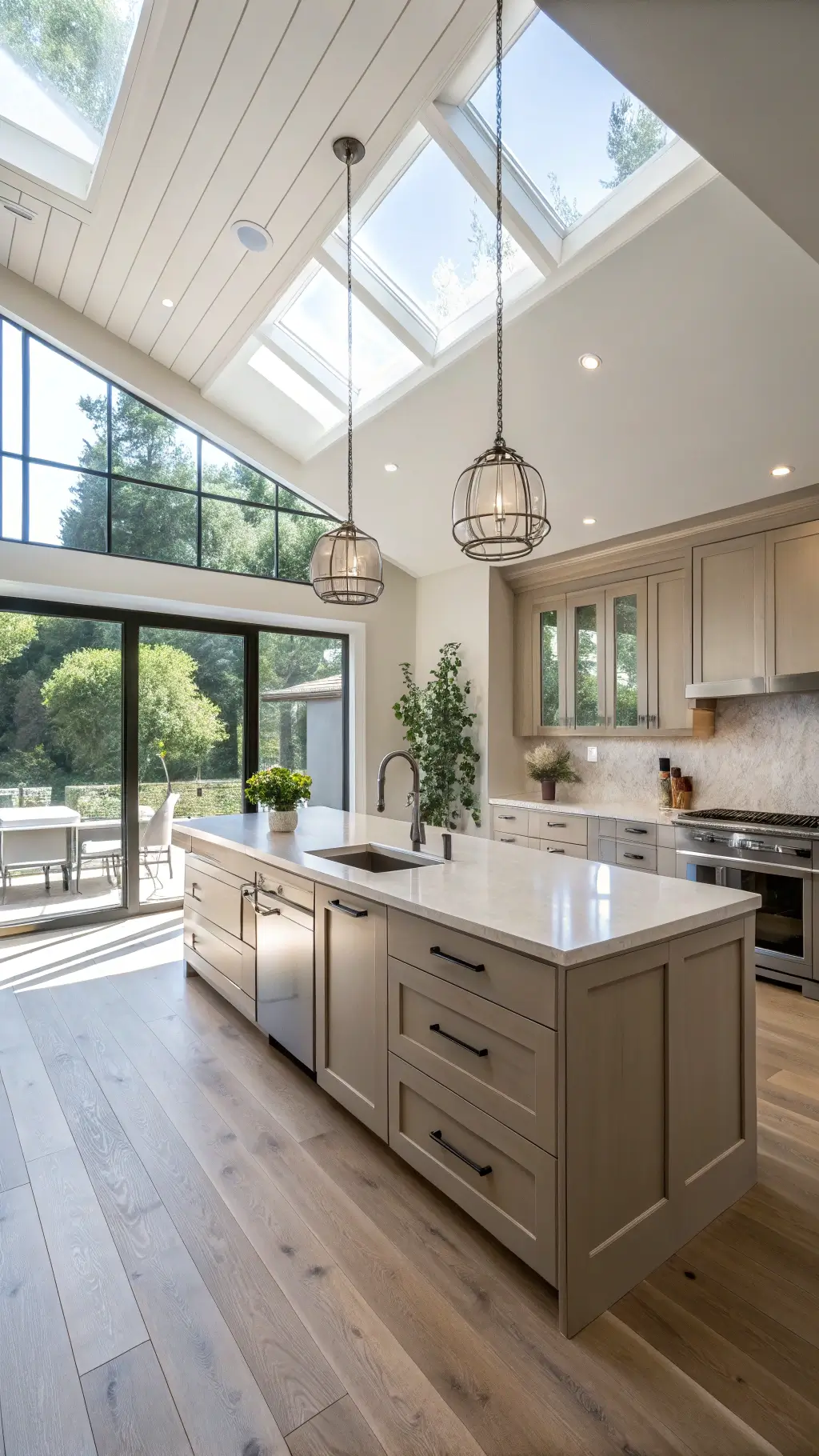 Bright modern kitchen featuring taupe shaker cabinets, white quartz countertops, stainless steel appliances, and a spacious island with pendant lighting, complemented by bleached oak flooring and geometric decor