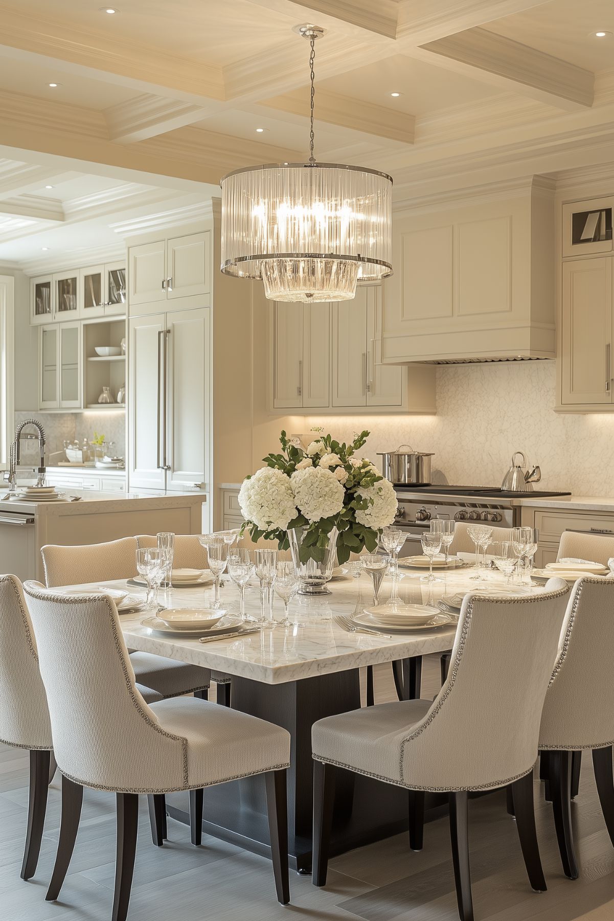 Elegant kitchen with a large quartz island, showcasing the material's durability and aesthetic appeal.