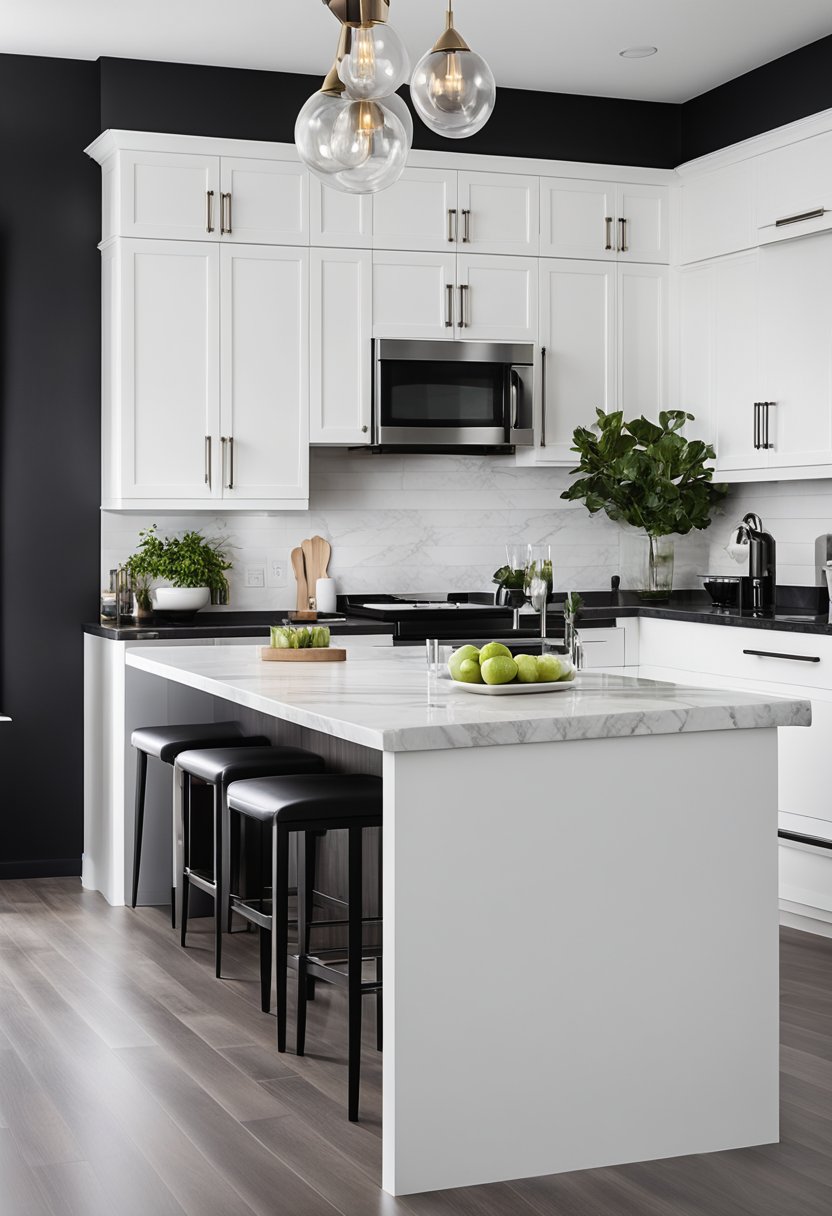 Modern kitchen featuring white cabinetry and black countertops.