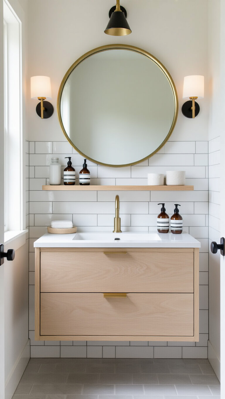 Minimalist 5x7ft bathroom with white subway tiles, bleached oak floating vanity, round brass-trimmed mirror, and matte black fixtures lit by soft morning light.