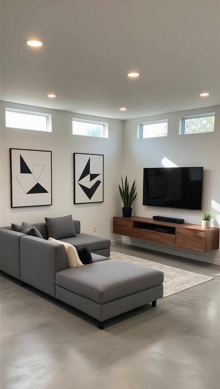 Contemporary minimalist basement lounge featuring a gray sectional sofa, walnut media unit, polished concrete flooring, and natural light streaming through egress windows.