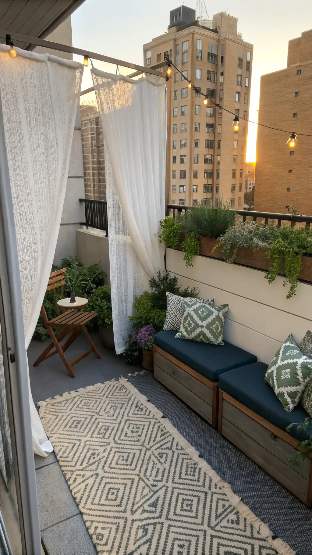 Overhead view of a city apartment patio at sunset, showcasing a teak bistro set, gray storage bench, geometric outdoor rug, sage green cushions, copper string lights, and mixed-height planters with pothos, lavender, and succulents