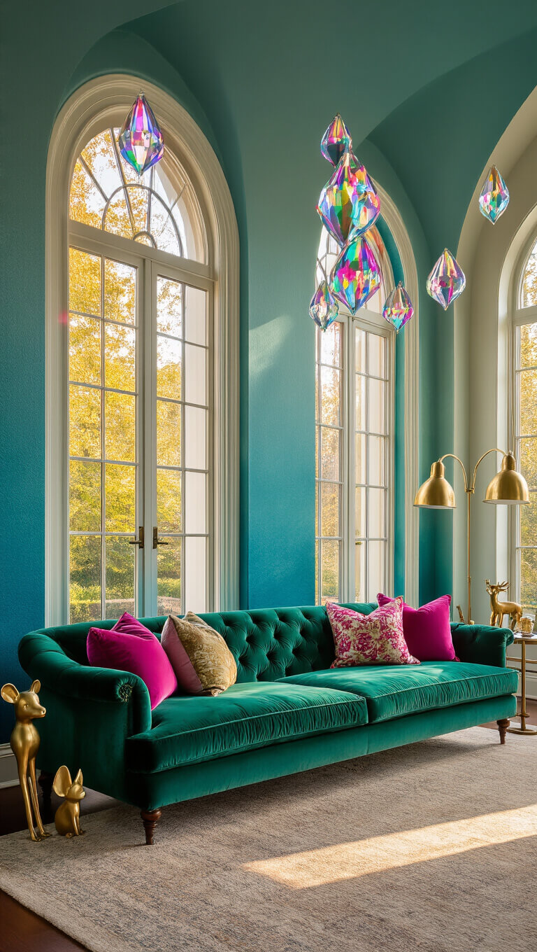 Bright living room with vaulted ceilings, arched windows, emerald velvet sofa, patterned pillows, brass animal lamps, and colorful light reflections from crystal prisms.